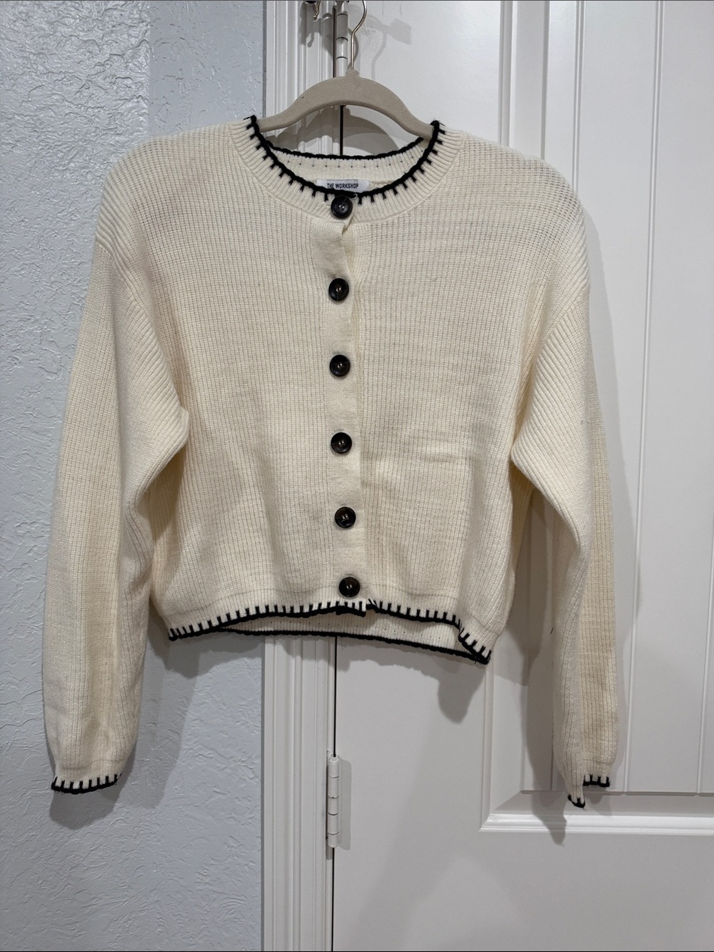 Cropped Cream Cardigan with Black Trim